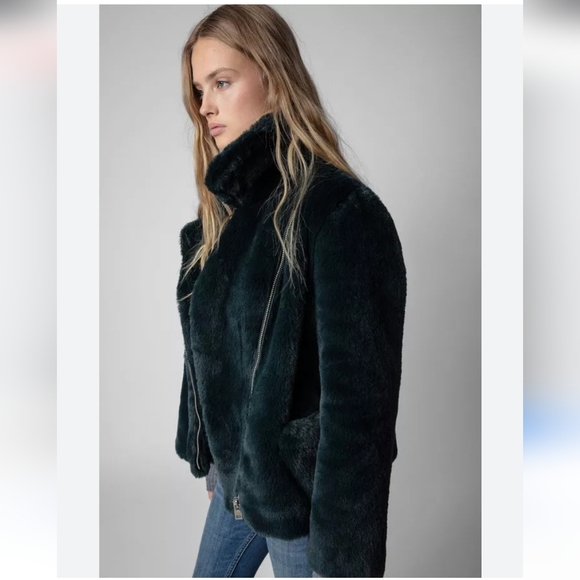 ZADIG & VOLTAIRE Freeze Faux Fur Coat Black/Green 3-Pocket Front Zip Close M/L - Picture 3 of 16